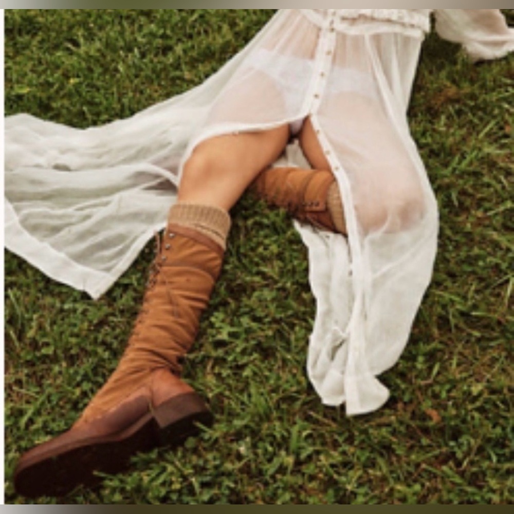 Free People Tan Lace-Up Knee-High Boots